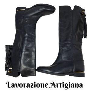 Lavorazione Artigiana Womens Riding Boots Sz 40=9 Black Italian Leather Tasseled